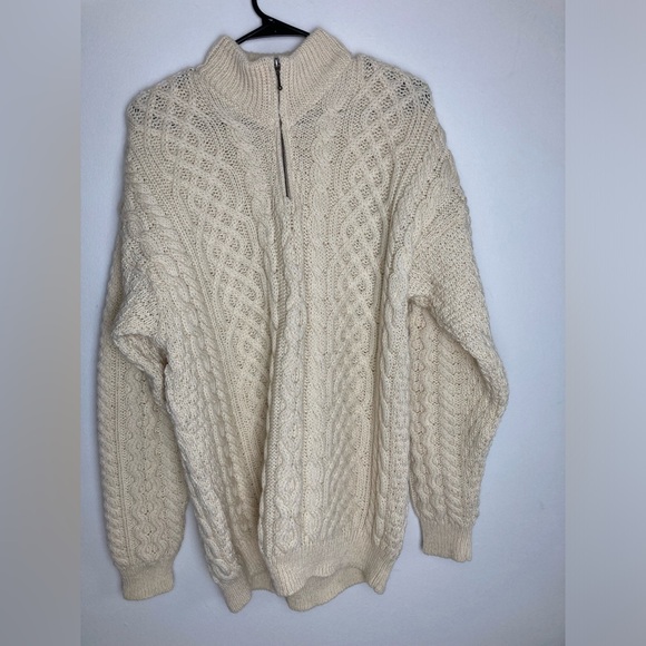 Orvis Fisherman Sweater Mens L Ivory 100% Wool Cable Chunky Knit Made in Ireland - Picture 2 of 12